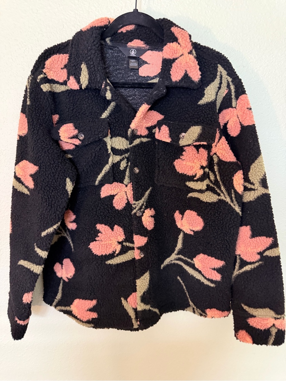Volcom Black Sherpa Jacket with Pink Floral Pattern, Small